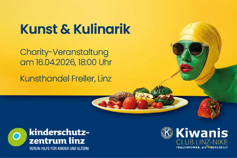 Plakat Kunst & Kulinarik: Charity-Veranstaltung am 16. April 2026, 18:00 Uhr, im Kunsthandel Freller in Linz